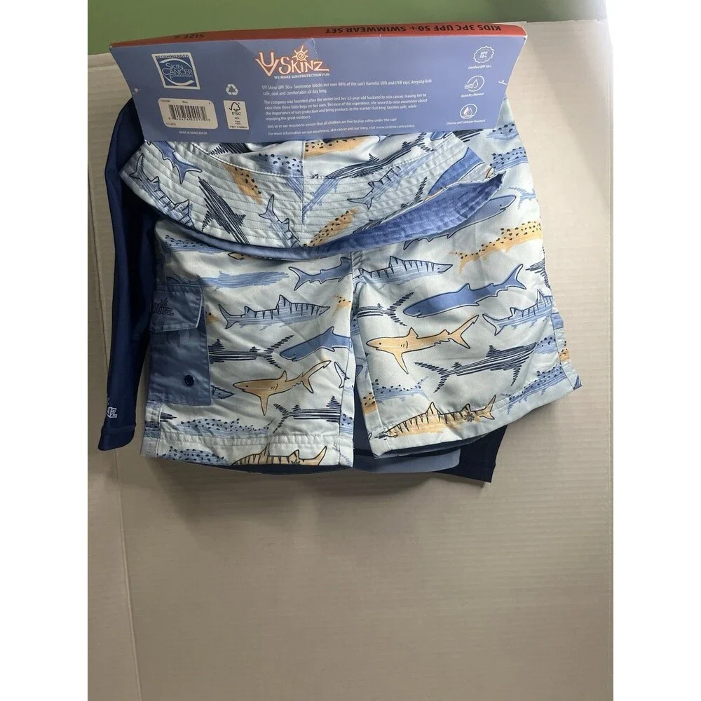UV Skinz Boys 3pc Swimwear Set Size 6 Blue Shark Pattern Trunks UV Protect
